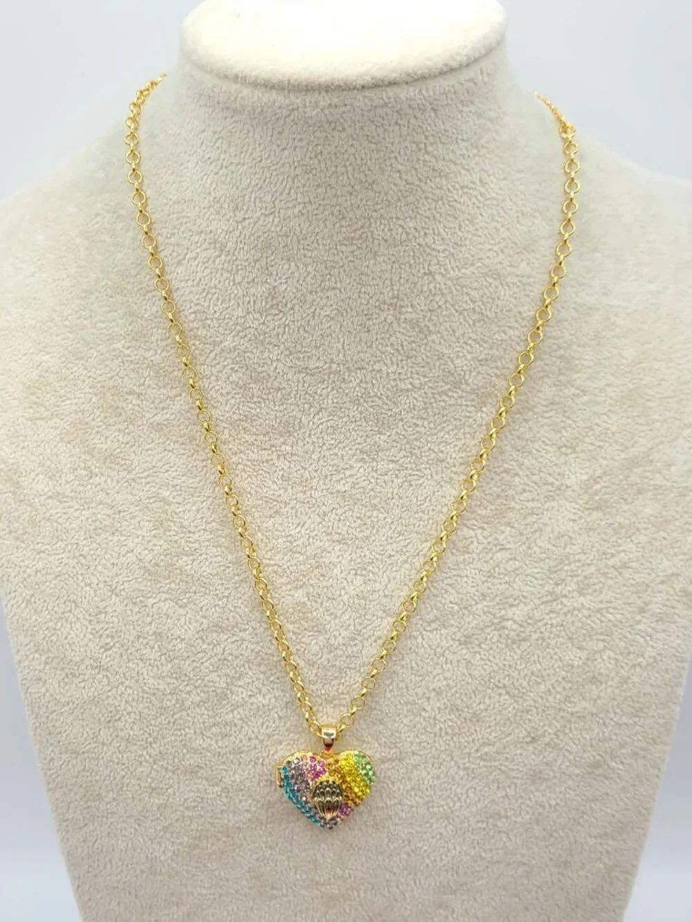 Kurt Geiger Rainbow Pave Heart Gold Tone Heart Locket NWT